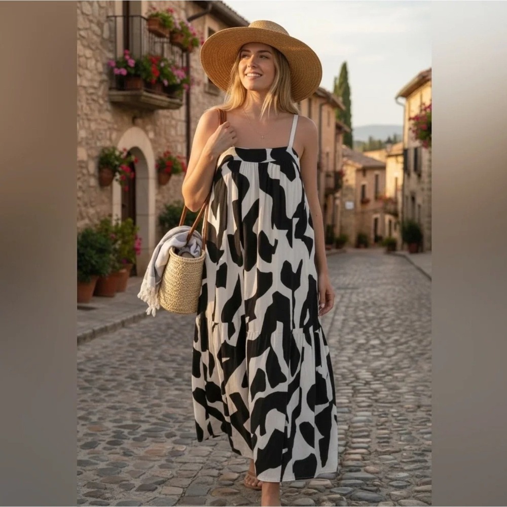 Anthropologie Abel the Label Black White Abstract Print Tiered Maxi Dress S - Picture 7 of 10